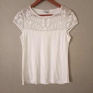 H&M Womens Medium White Sheer Neckline T-Shirt Floral Embroidery Lightweight